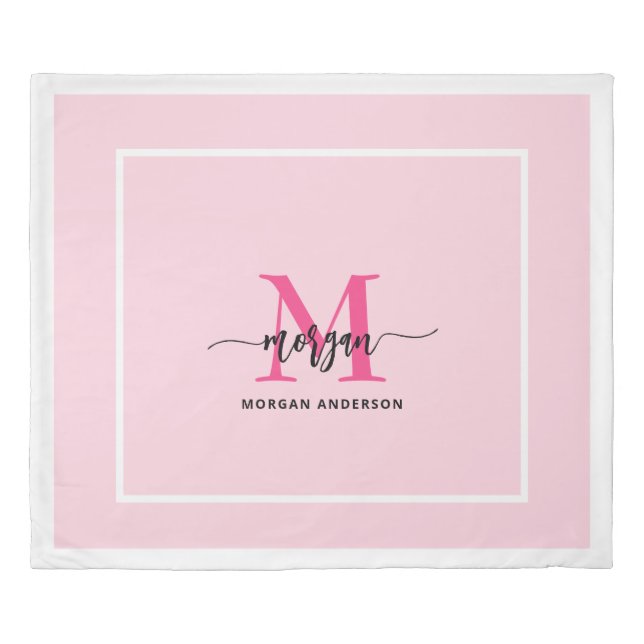 Hot Pink Modern Script Girly Monogram Name Duvet Cover (Front)