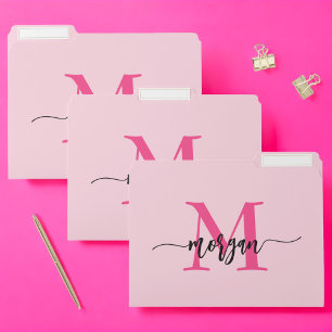 Hot Pink Modern Script Girly Monogram Name File Folder