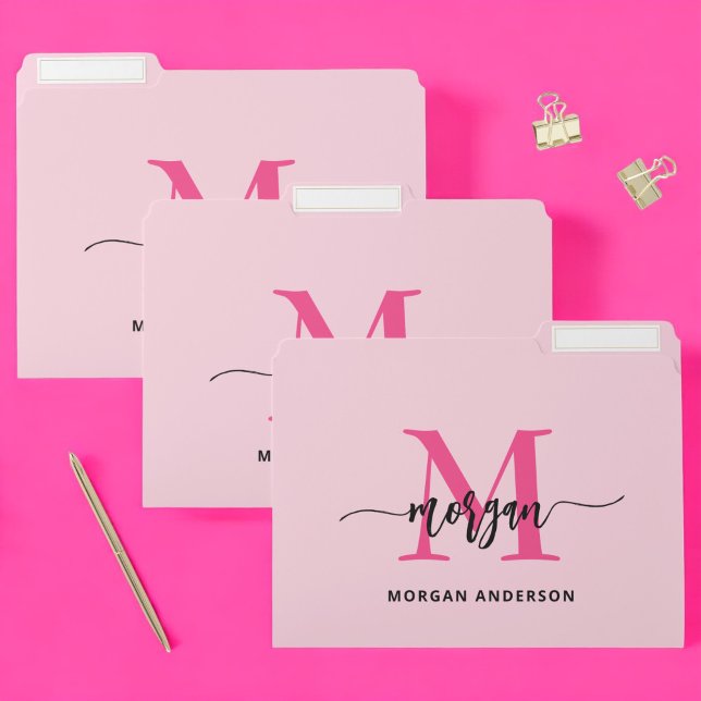 Hot Pink Modern Script Girly Monogram Name File Folder (Creator Uploaded)