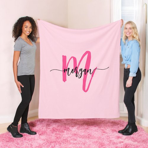 Hot Pink Modern Script Girly Monogram Name Fleece Blanket