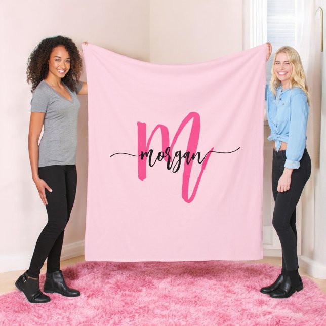 Hot Pink Modern Script Girly Monogram Name Fleece Blanket (Creator Uploaded)