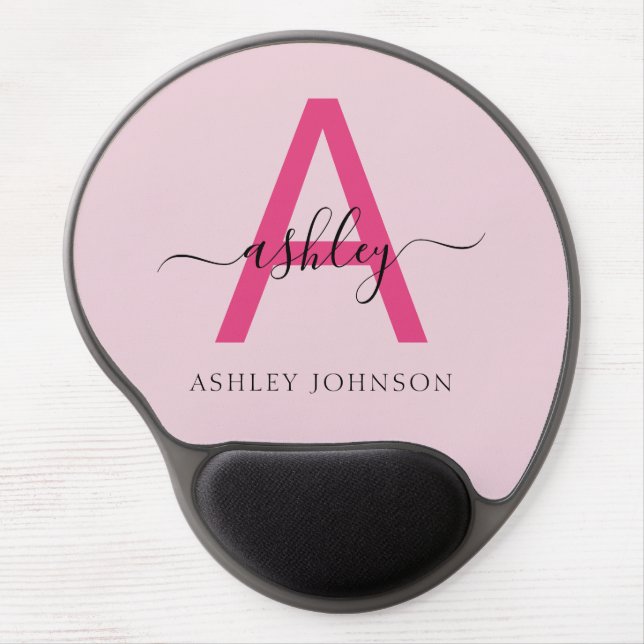Hot Pink Modern Script Girly Monogram Name Gel Mouse Pad (Front)
