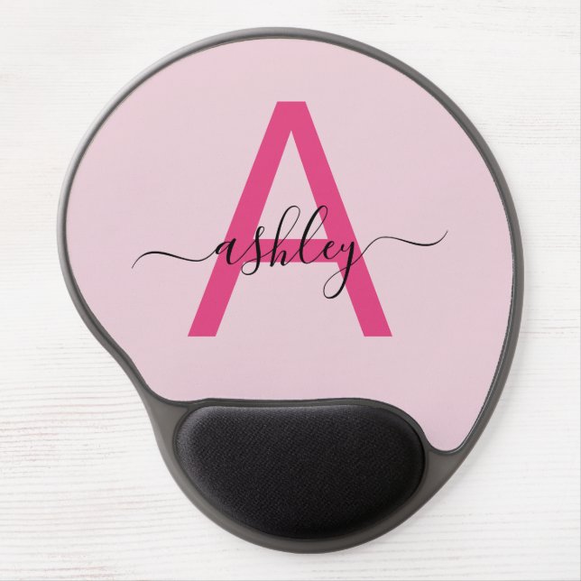 Hot Pink Modern Script Girly Monogram Name Gel Mouse Pad (Front)