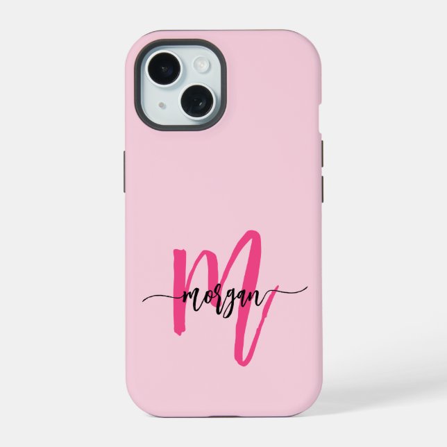 Hot Pink Modern Script Girly Monogram Name Iphone Case (Back)