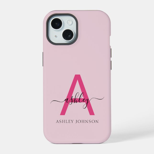 Hot Pink Modern Script Girly Monogram Name Iphone Case (Back)