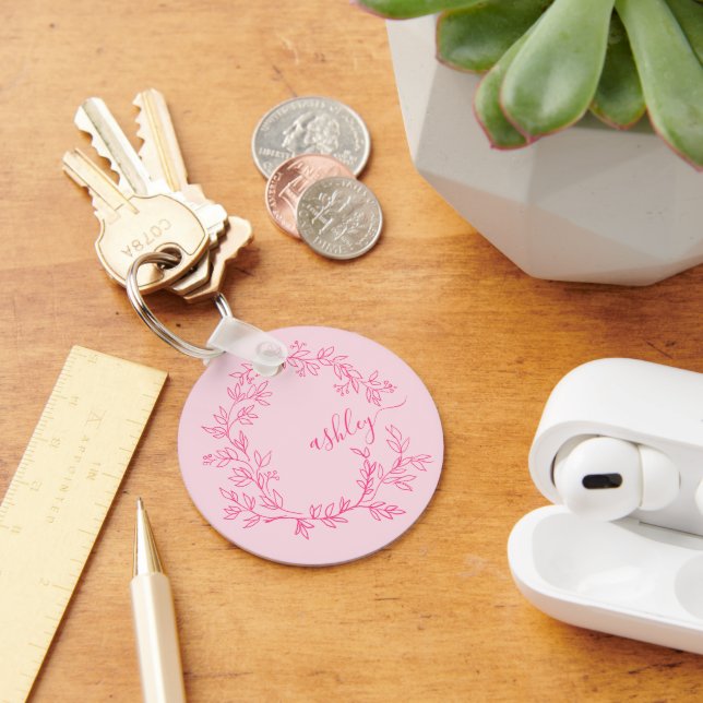 Hot Pink Modern Script Girly Monogram Name Keychain (Desk)