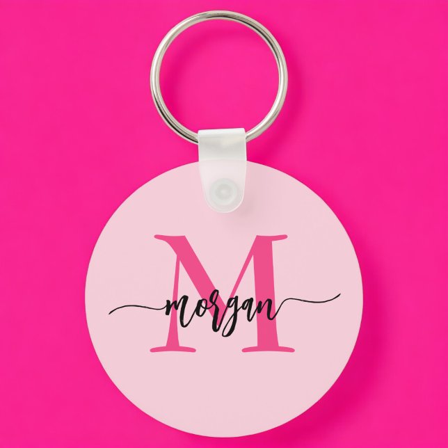 Hot Pink Modern Script Girly Monogram Name Keychain (Creator Uploaded)