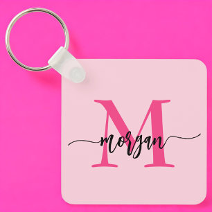 Hot Pink Modern Script Girly Monogram Name Keychain