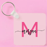 Hot Pink Modern Script Girly Monogram Name Keychain<br><div class="desc">Keep your keys in style with our Hot Pink Modern Script Girly Monogram Name Keychain! Featuring a vibrant hot pink design, this keychain is personalized with your name in a chic modern script for a custom, fashionable touch. Perfect for adding a bit of flair to your keys or bag, it’s...</div>