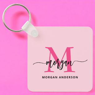 Hot Pink Modern Script Girly Monogram Name Keychain