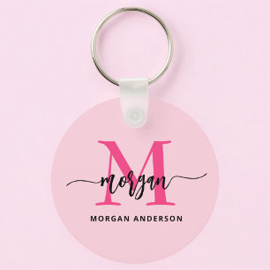 Hot Pink Modern Script Girly Monogram Name Keychain