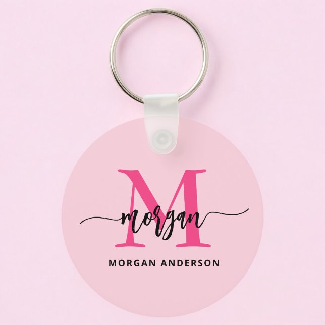 Hot Pink Modern Script Girly Monogram Name Keychain (Creator Uploaded)
