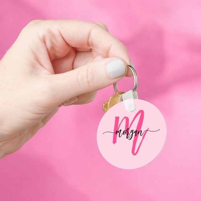 Hot Pink Modern Script Girly Monogram Name Keychain (Creator Uploaded)