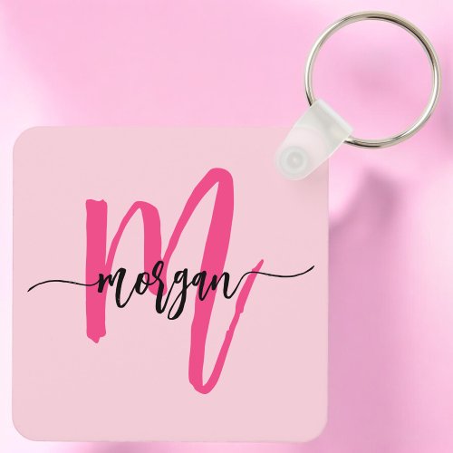 Hot Pink Modern Script Girly Monogram Name Keychain