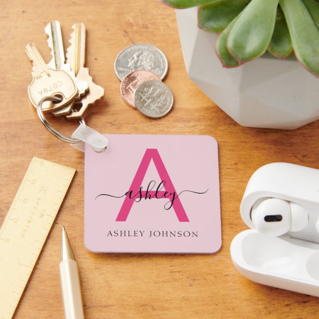 Hot Pink Modern Script Girly Monogram Name Keychain (Desk)