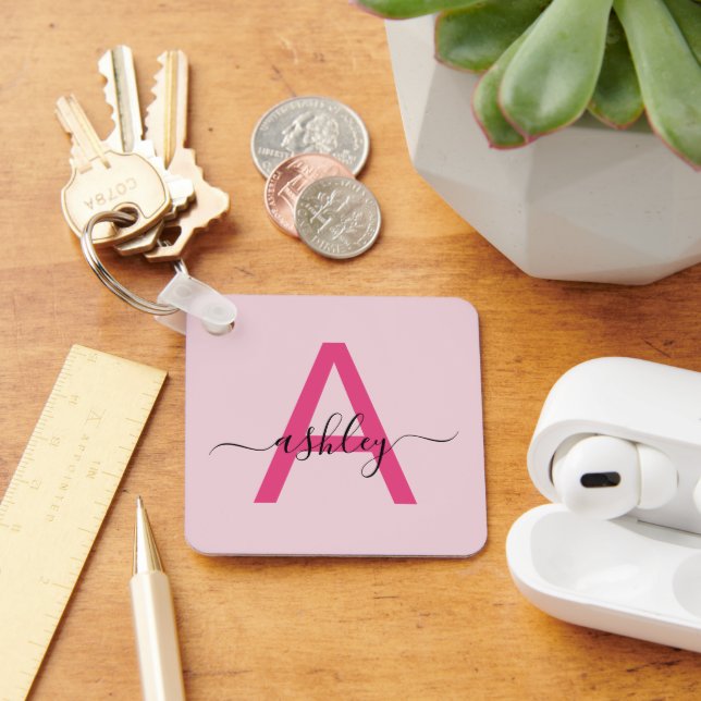 Hot Pink Modern Script Girly Monogram Name Keychain (Desk)