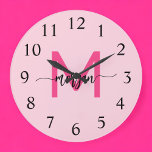 Hot Pink Modern Script Girly Monogram Name  Large Clock<br><div class="desc">Make a bold statement in your space with our Hot Pink Modern Script Girly Monogram Name Large Clock! Featuring a vibrant hot pink design and personalized with your name in an elegant modern script, this clock adds a stylish and personal touch to any room. Perfect for bedrooms, offices, or living...</div>