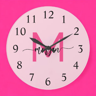 Hot Pink Modern Script Girly Monogram Name Large Clock
