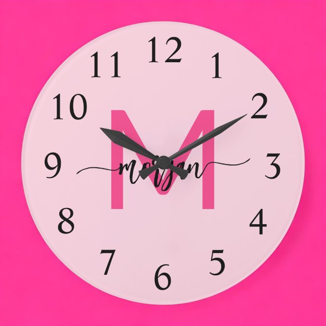 Hot Pink Modern Script Girly Monogram Name  Large Clock (Creator Uploaded)
