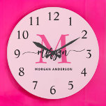 Hot Pink Modern Script Girly Monogram Name  Large Clock<br><div class="desc">Make a bold statement in your space with our Hot Pink Modern Script Girly Monogram Name Large Clock! Featuring a vibrant hot pink design and personalized with your name in an elegant modern script, this clock adds a stylish and personal touch to any room. Perfect for bedrooms, offices, or living...</div>