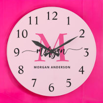 Hot Pink Modern Script Girly Monogram Name  Large Clock