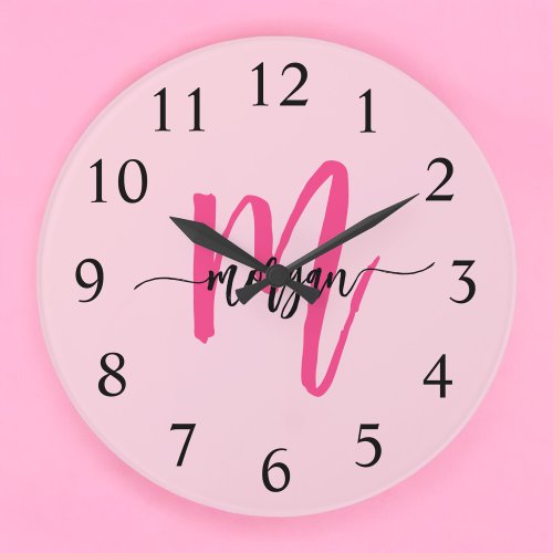 Hot Pink Modern Script Girly Monogram Name  Large Clock