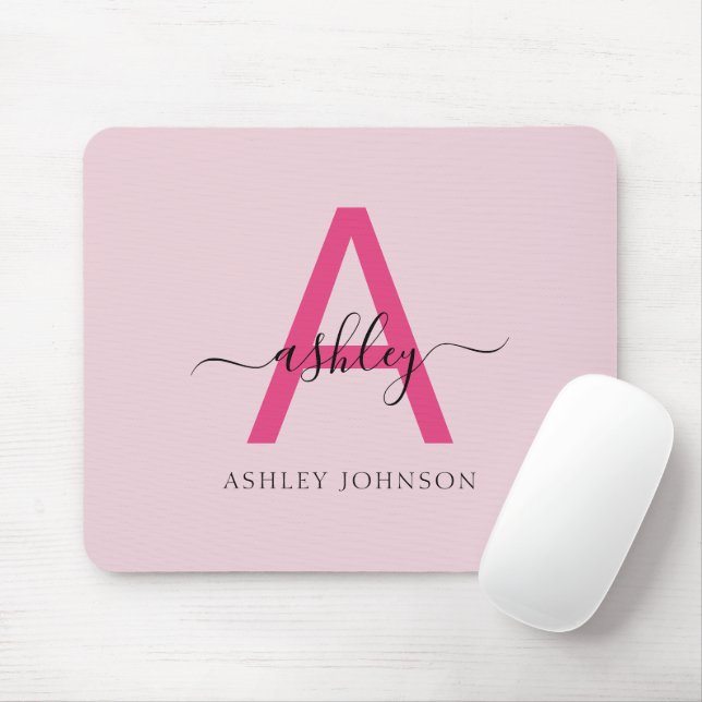 Hot Pink Modern Script Girly Monogram Name Mouse Pad (With Mouse)