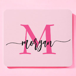 Hot Pink Modern Script Girly Monogram Name Mouse Pad