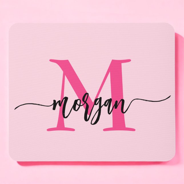 Hot Pink Modern Script Girly Monogram Name Mouse Pad (Creator Uploaded)