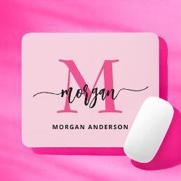 Hot Pink Modern Script Girly Monogram Name Mouse Pad