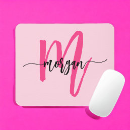 Hot Pink Modern Script Girly Monogram Name Mouse Pad