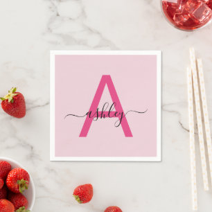 Hot Pink Modern Script Girly Monogram Name Napkins