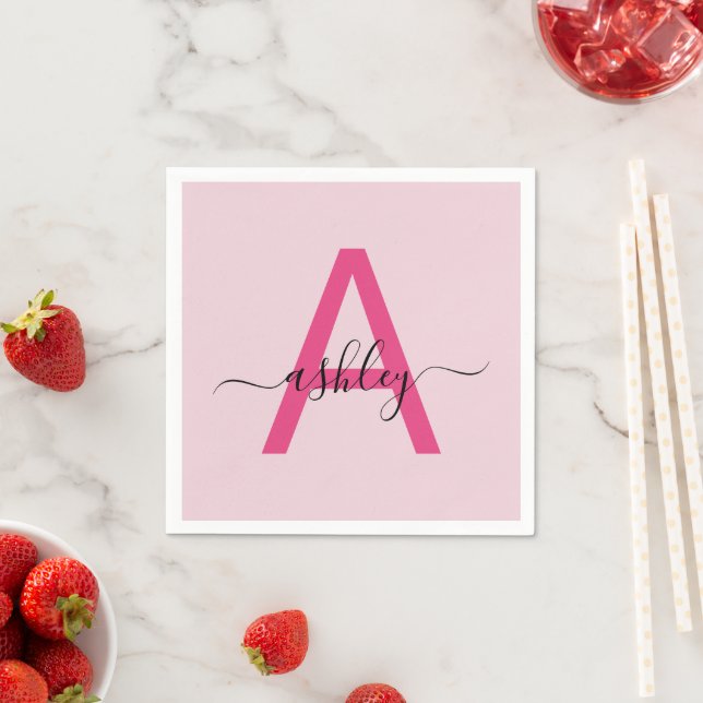 Hot Pink Modern Script Girly Monogram Name Napkins (Insitu)