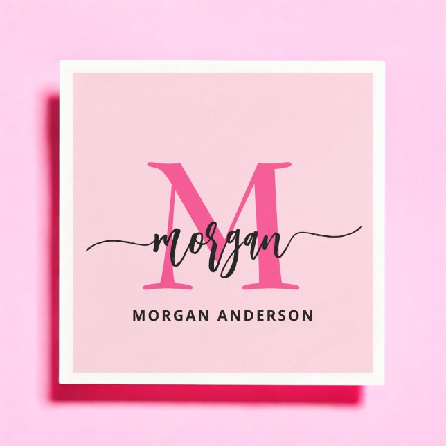 Hot Pink Modern Script Girly Monogram Name Napkins (Creator Uploaded)
