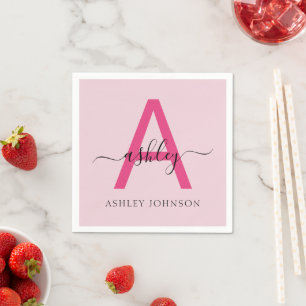 Hot Pink Modern Script Girly Monogram Name Napkins