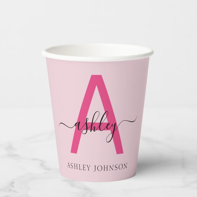 Hot Pink Modern Script Girly Monogram Name Paper Cups (Front)