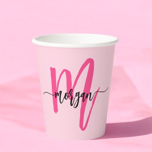 Hot Pink Modern Script Girly Monogram Name Paper Cups