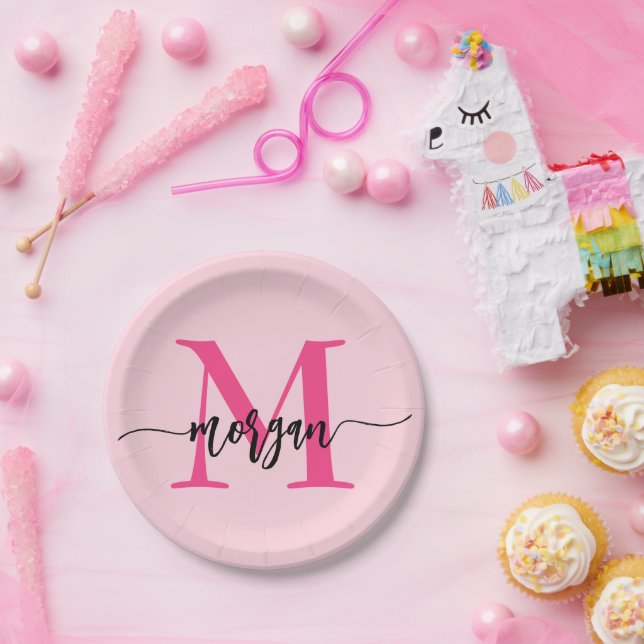 Hot Pink Modern Script Girly Monogram Name Paper Plates (Party)