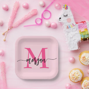 Hot Pink Modern Script Girly Monogram Name Paper Plates