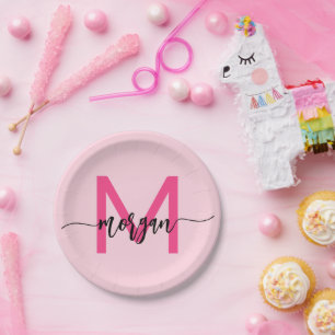 Hot Pink Modern Script Girly Monogram Name Paper Plates
