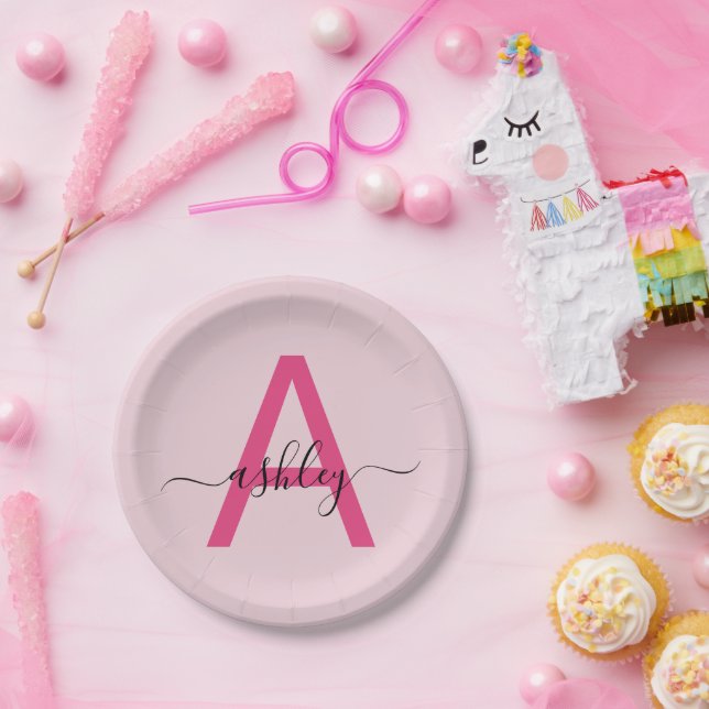 Hot Pink Modern Script Girly Monogram Name Paper Plates (Party)