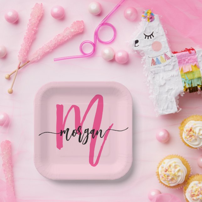 Hot Pink Modern Script Girly Monogram Name Paper Plates (Party)