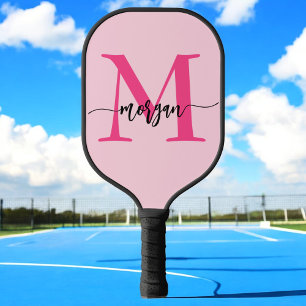 Hot Pink Modern Script Girly Monogram Name Pickleball Paddle