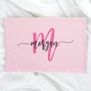 Hot Pink Modern Script Girly Monogram Name Pillow Case