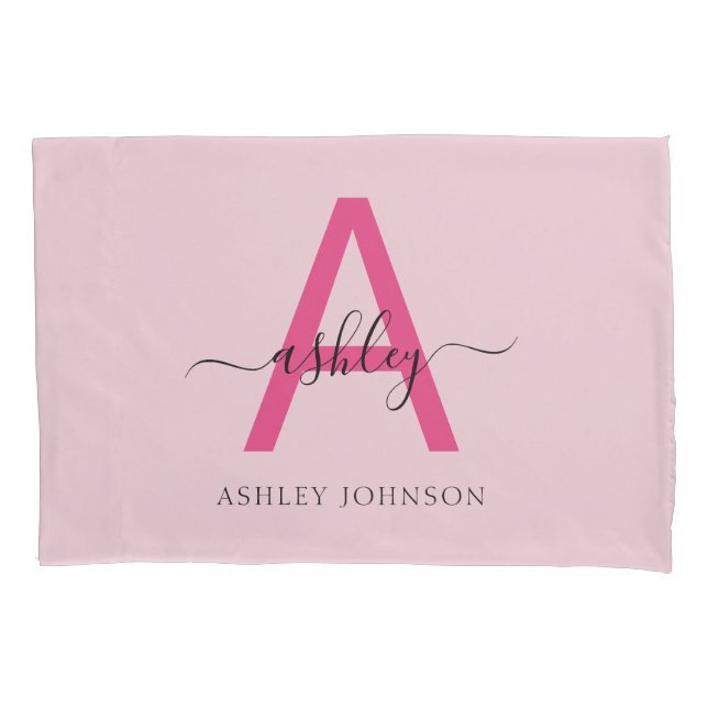 Hot Pink Modern Script Girly Monogram Name Pillow Case (Front)
