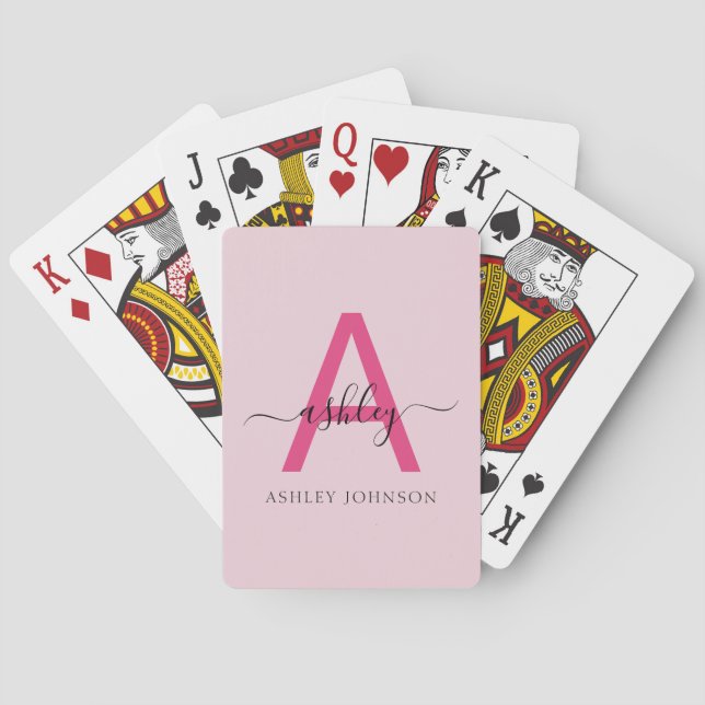 Hot Pink Modern Script Girly Monogram Name Poker Cards (Back)