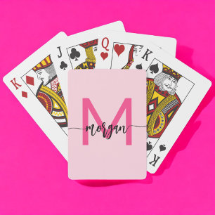 Hot Pink Modern Script Girly Monogram Name Poker Cards
