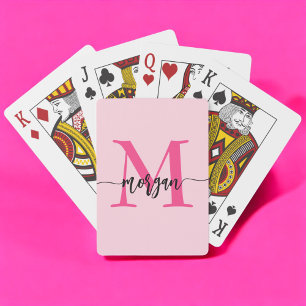 Hot Pink Modern Script Girly Monogram Name Poker Cards