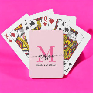 Hot Pink Modern Script Girly Monogram Name Poker Cards