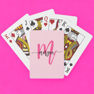 Hot Pink Modern Script Girly Monogram Name Poker Cards
